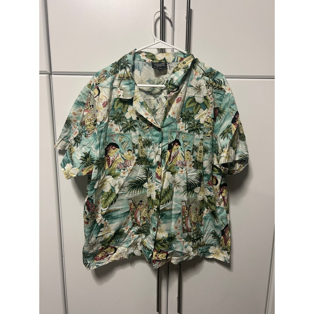 Shannon Marie Hawaiian Shirt Teal Tropical Hula Dancer‎ Print Made in Hawaii XL